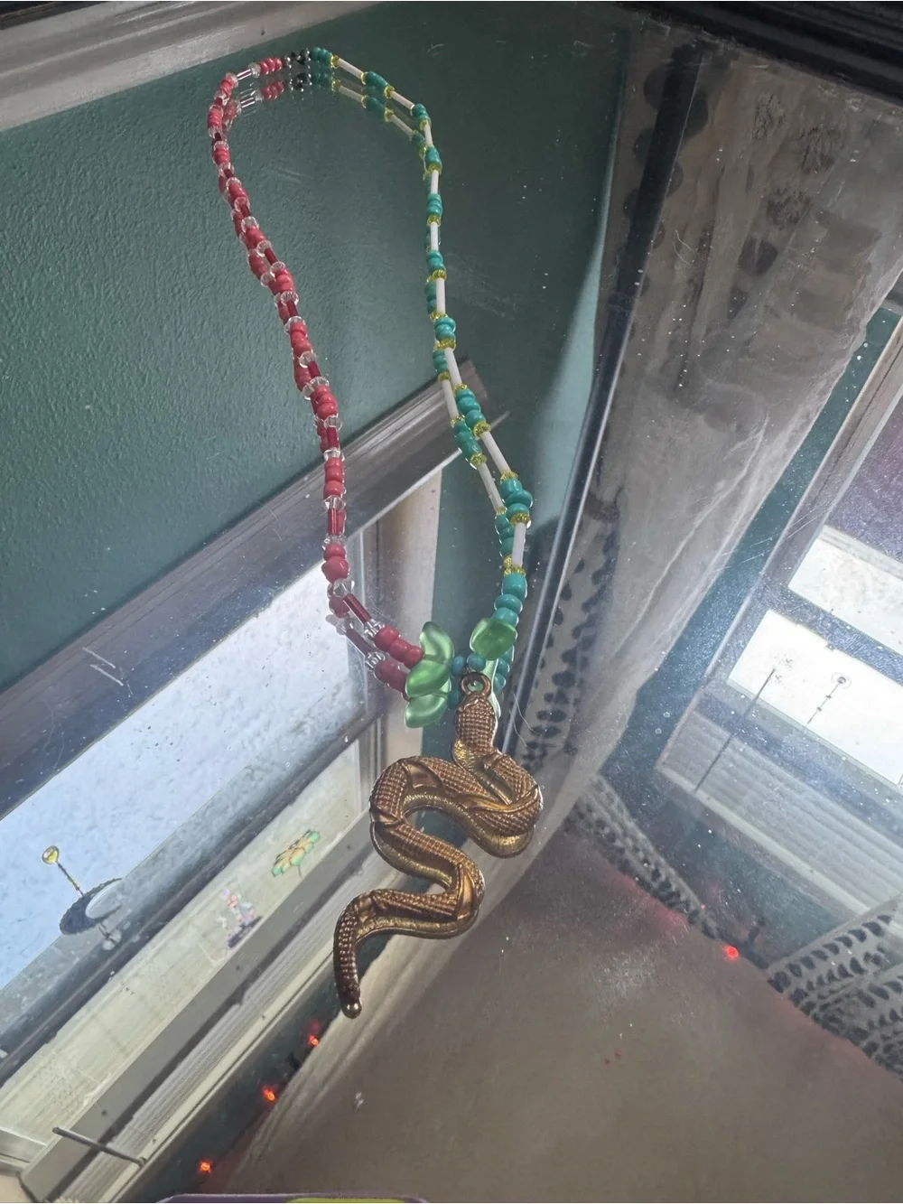 Gold Snake Pendant Beaded Necklace with Pink and Teal Accents